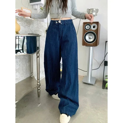 Contrast Color Striped Jeans Autumn New American High Waist Loose Allmatch Denim Wide Leg Pants