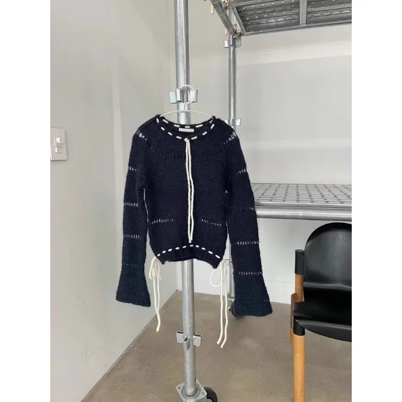 Autumn for Crop Tops Korean Retro High Street Hollow Out Bandage Cashmere Sweater Knit Pullover Tops