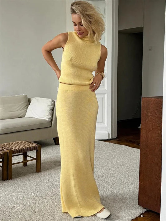 Knitwear 2 Piece-set Long Dress Female Ribbed Sweater Pullover and Loose Patchwork Maxi Skirt Sets Outfits