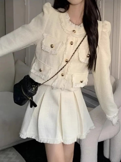 Korean Tweed Skirts Suit Jackets Coat Mini Pleated Skirts Two Pieces Set Female Clothes Outfits