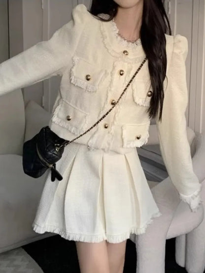 Korean Tweed Skirts Suit Jackets Coat Mini Pleated Skirts Two Pieces Set Female Clothes Outfits