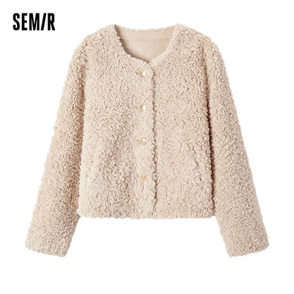 Coat Short Round Neck Slim Fit Winter New Imitation Lamb Wool Jacket