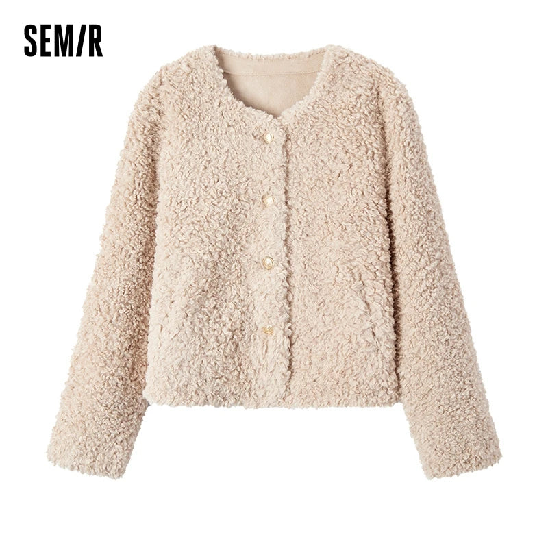 Coat Short Round Neck Slim Fit Winter New Imitation Lamb Wool Jacket