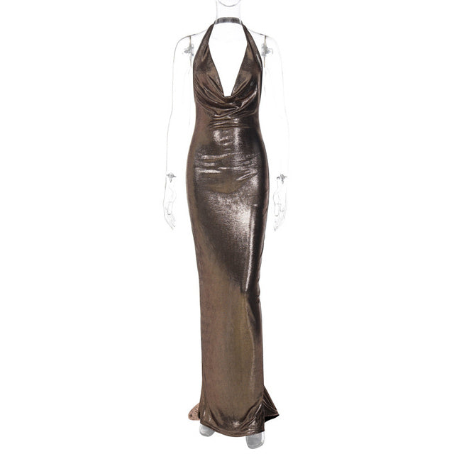 Halter Deep V Neck Backless Maxi Dress Sleeveless Temperament Fishtail Dress Party Dress