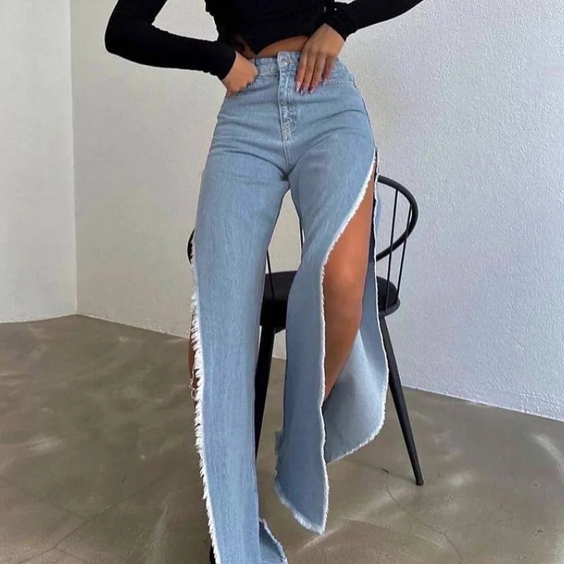 Split Straight Jeans Long Pant Fur Denim Trouser Female Street Clothing Summer New Jeans