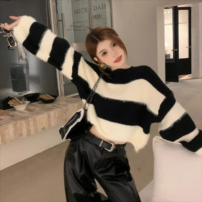High Street Loose Soft Cashmere Long Sleeve Sweater Winter New Oneck Contrast Color Striped Knitted Crop Tops