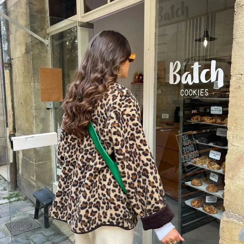 Leopard Print Single Breasted Jacket O Neck Long Sleeves Pocket Coat New Lady Warm Outerwear