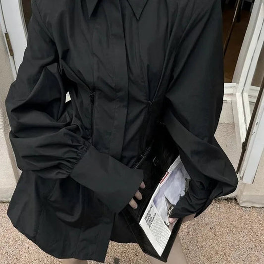 Lapel Neck Black Shirts Y2k Egirl Slim Waist Allmatch Blusas Mujer Spring New Long Sleeve Zipper Blouses