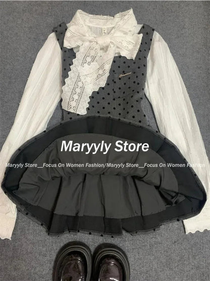 Korean Preppy Style Dress Set Bow Lace Shirt Tops + Polka Dot Mini Dress Commuter 2 Piece Set New