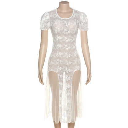 Y2k Fairycore See Through Lace Mesh White Dress Summer Retro Puffy Short Sleeve Long Dresses Coquette