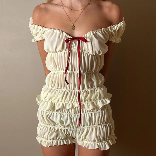 2000s Retro 2 Piece Set Cottage Lounge Ruched Off Shoulder T-shirt Crop Tops + Shorts Kawaii Pajamas Y2k Outfits