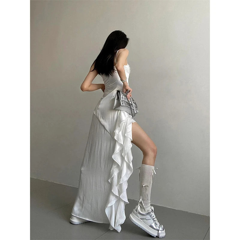 Y2k Irregular Midi Dress Aesthetic Spaghetti Strap Ruffles Dresses Summer Korean Party Bodycon Vestidos New