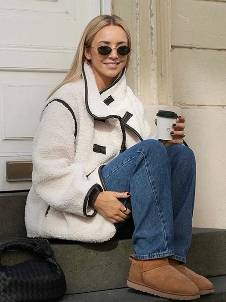 Plush Stand Collar Jackets Coat Lambwool White Single-breasted Pockets Jacket Female Autumn High Street Outwear