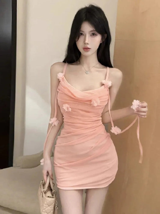 Dress Woman Sleeveless Slash Neck Flowers Slim Tassel Ruched Backless Slim Party Mini Dresses Female Club