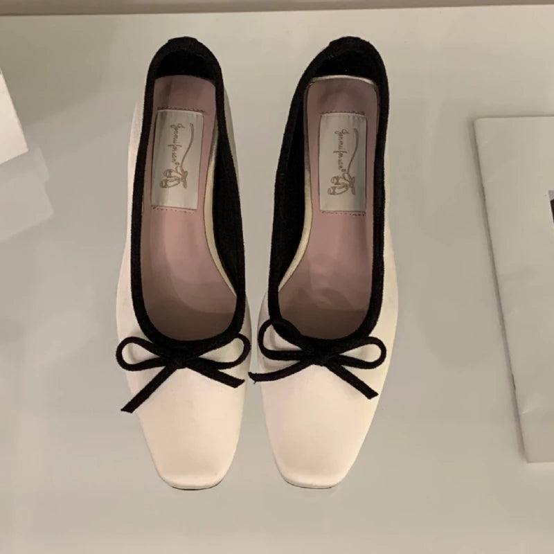 Satin Round Toe Bowknot Flat Shoes Brand Designe Open Heel Sweet Party Dress Square Heel Loafers