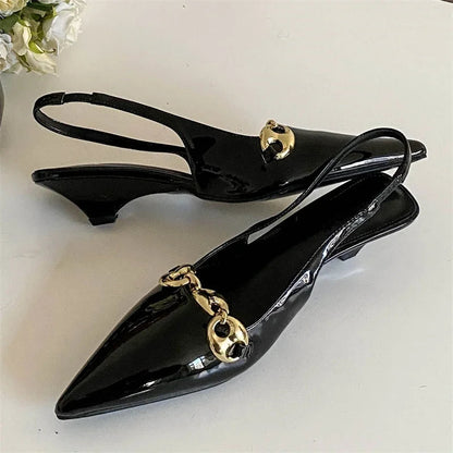 Metal Decoration Pointed Toe Pumps Thin Low Heels Sandals Dress Mules Shoes