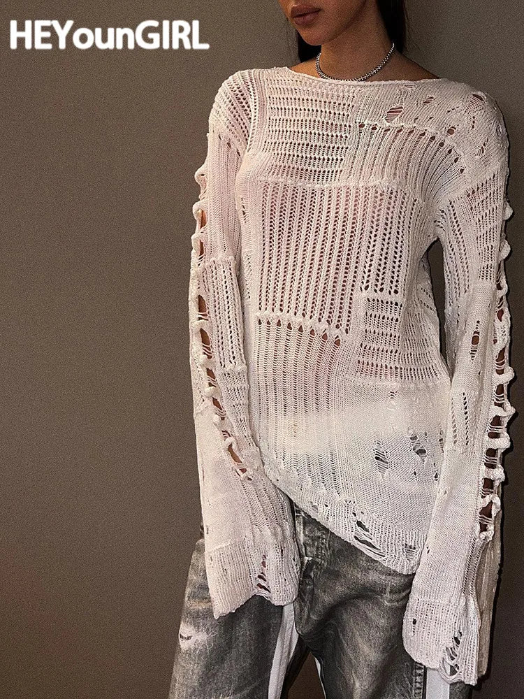 Ripped Full Length Pullovers Knitting Loose Beggar Style Hollow Out Lady T-shirt Harajuku Y2k