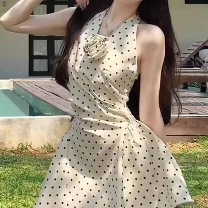 Polka Dot Halter Mini Dresses Spring Summer Sweet Korean Dress Flowers Vestidos Mujer