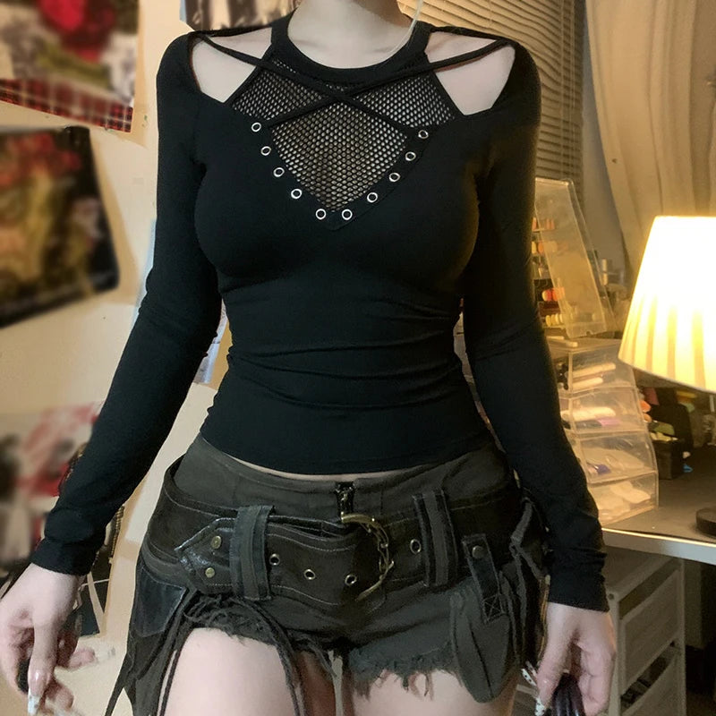 Gothic Style Fishnet Patchwork T-shirt Grommet Eyelet Black Off Shoulder Fitted Top 2000s