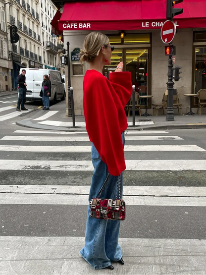 Retro Red Vneck Loose Woolen Pullover Jacket Long Sleeve Knitted Sweater New Autumn Female Knitwear Top