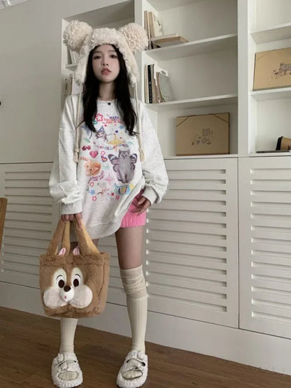 Kawaii Cat Print Hoodie Cutecore Long Sleeve Sweatshirt American Retro Egirl Kitten Angel Graphic Alt Clothes Y2k