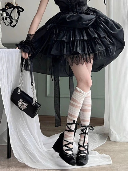 Silk Square Toe 9cm Heel Ballet Shoes Lace Up Pumps