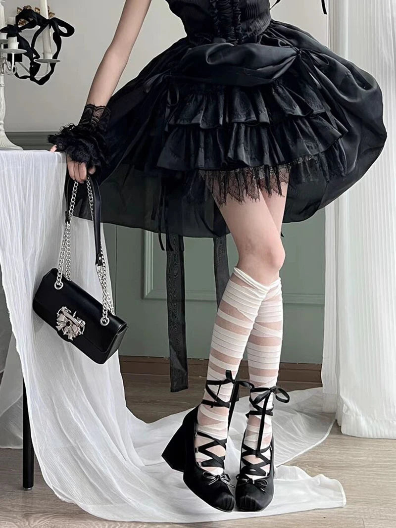 Silk Square Toe 9cm Heel Ballet Shoes Lace Up Pumps