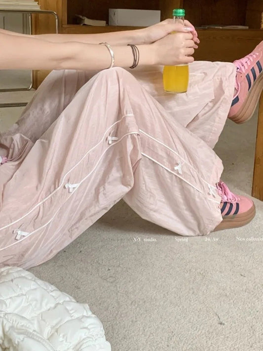 Pink Sweet Y2k Parachute Pants Korean Style Coquette Baggy Joggers Bow Harajuku Kawaii Wide Trousers