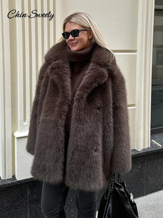 ’s Brown Faux Fur Coat Lapel Mid-length Loose Imitation Plush Furry Buckle Overcoat Winter Lady Thick Warm Outwear