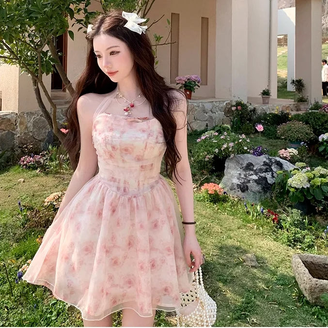 Halterneck Dress for Korean Pink Rose Chiffon Clothing New Summer Party Korean Long Dresses.