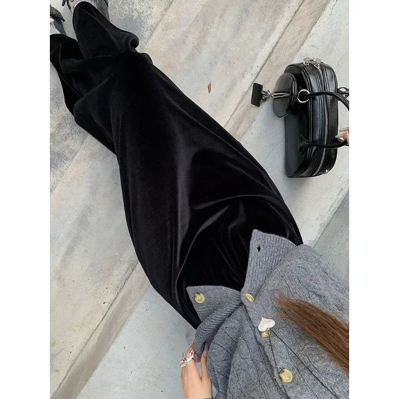 Velvet Black Aline Skirt Spring New High Waist Loose All Match Split Midlength Skirt