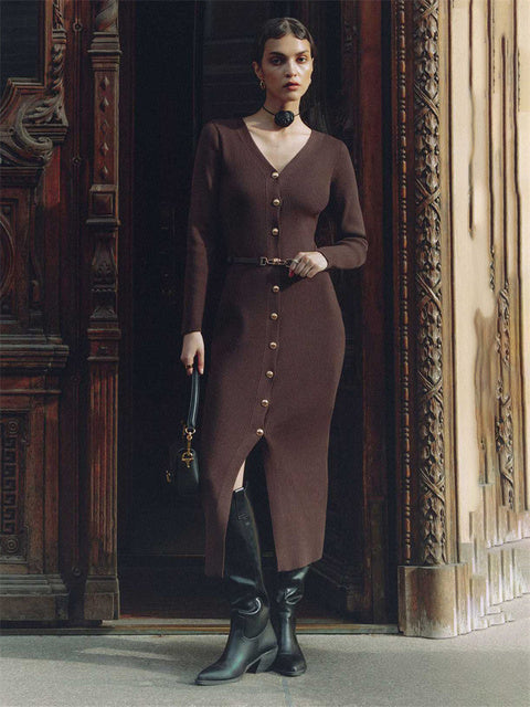 Autumn V-neck Knit Long Dress for Ribbed Patchwork Cardigan Slim Party Dress Female Knitwear Maxi Dress