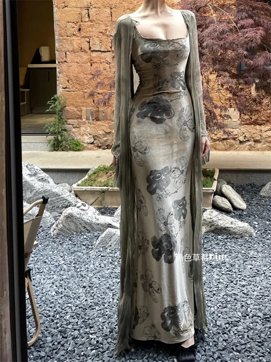 New Chinese Style Retro Ink Painting Slim Fit Velvet Dress for + Long Sleeve Sun Protection Cardigan Y2k Two Piece Sets