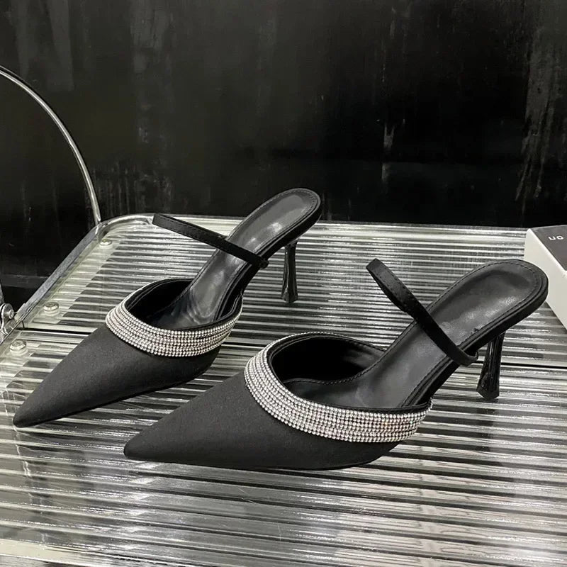 Pointed Toe Silk Thick Bottom High Heeled Slippers Tie Rhinestone Slingback Dress Tie Single Shoes