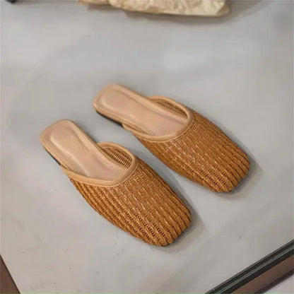 Shoes Slippers Soft Slides Slipers Cover Toe Low Loafers Fretwork Heels Comfort Flat Basic Fabric Rubber Cane Pu