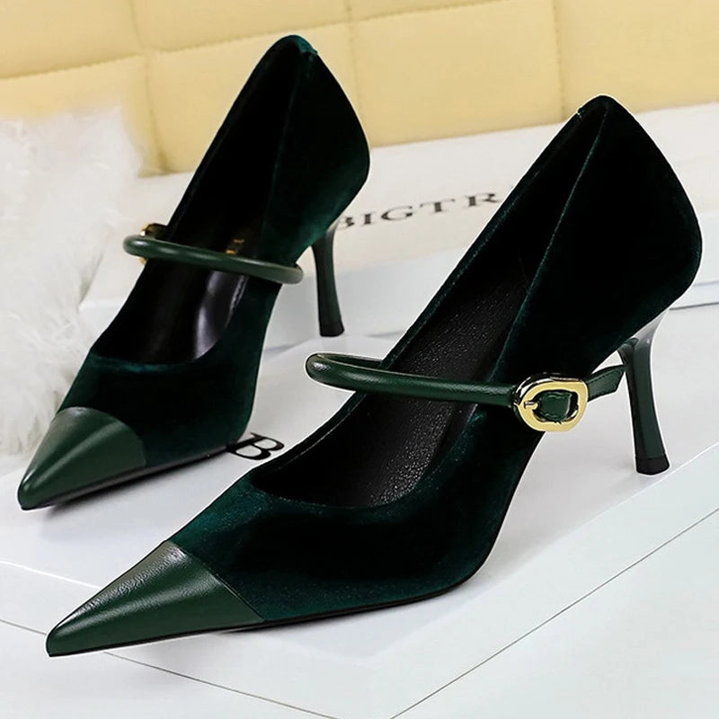 Shoes New Buckle Design Pumps Pointed Shoes High Heels Suede Stilettos Heels 7cm 10cm Shoes Large Size 43