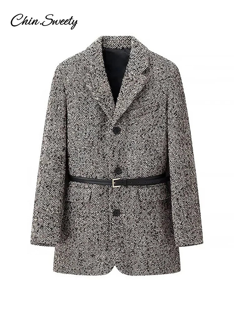 Winter With Belt Blazer Coat Loose Lapel Tweed Wool Blends Warm Jacket Temperament Commuting Lady Outwear