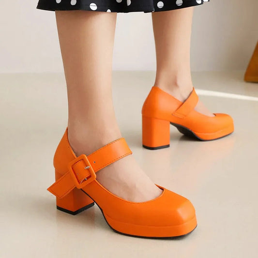 Classics High Heels Lolita Shoes Straps Mary Janes Shoes Female Red Orange White Pumps Party Wedding Shoes Size 45