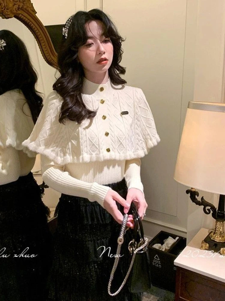 French Gentle Christmas Sweater Twopiece Set Cardigan Female Autumn Winter Slim Base Temperament Knitting Shawl Top