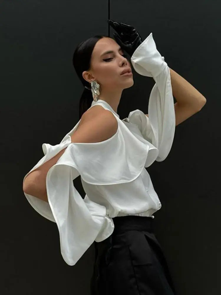 White Ruffle Halter Shirts Loose Hollow Out Single Breasted Blouses Female Autumn High Street Tops