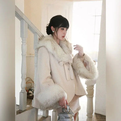 French Socialite Bow Pink Fur Collar Woolen Cloak Coat High Waist Short Skirt Set Autumn/winter Two Piece Sets Outfits