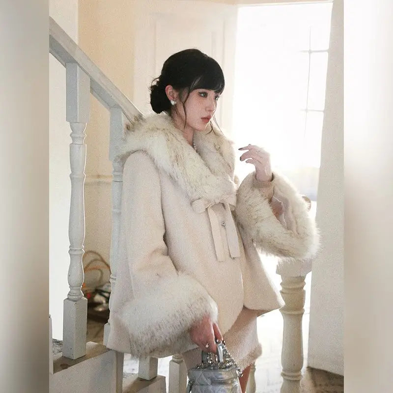 French Socialite Bow Pink Fur Collar Woolen Cloak Coat High Waist Short Skirt Set Autumn/winter Two Piece Sets Outfits