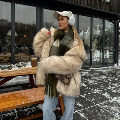 Brand Fluffy Faux Fur Jacket Winter Long Thicken Warm Gradient Fox Fur Coat Furry Overcoat