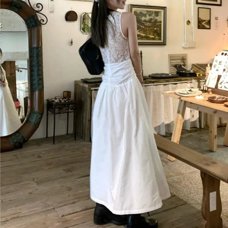Y2k White Long Dresses Lace Patchwork Spring Summer Dress V Neck Korean Vestidos Mujer