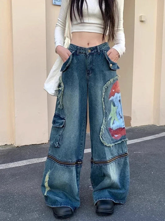 Blue Washed Cargo Jeans Ripped Wide Leg Denim Pants Zipper Oversized Y2k Hip Hop Graffiti Baggy Bottoms