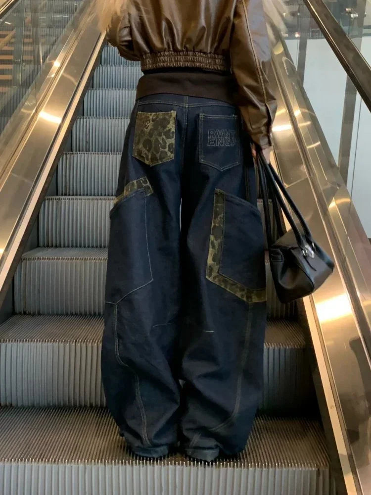 Retro Leopard Spliced Cargo Jeans Y2k Hip Hop Causal Baggy Pocket Korean Wide Leg Denim Pants Harajuku Slacks