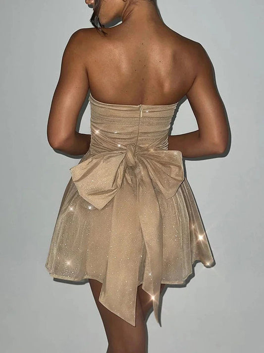 Shiny Sequins Evening Dress Off Shoulder Slim Ruffle Mini Dresses Lady Party Bow Bandage Backless Dress Woman