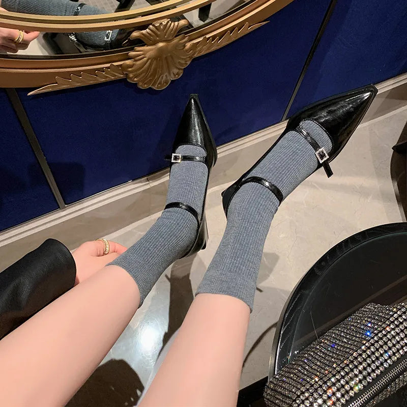 Low Heels Pointed Toe Pumps Genuine Leather Mary Janes Shoes Woman Office