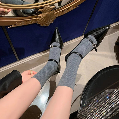 Low Heels Pointed Toe Pumps Genuine Leather Mary Janes Shoes Woman Office