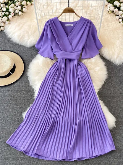 Pleated Dress Summer Short Sleeve V-neck Dresses a Line High Waisted Midi Dress